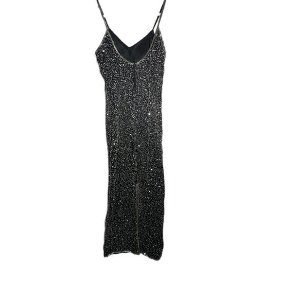 Vintage Black Silk Beaded Evening Dress Sz S Spaghetti Strap Gown 90s Formal - Picture 5 of 9